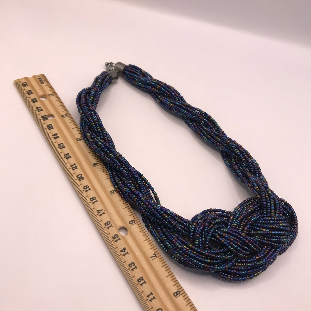 Multi-Strand Peacock Colored Seed Bead Braided Statement Necklace - Picture 6 of 7